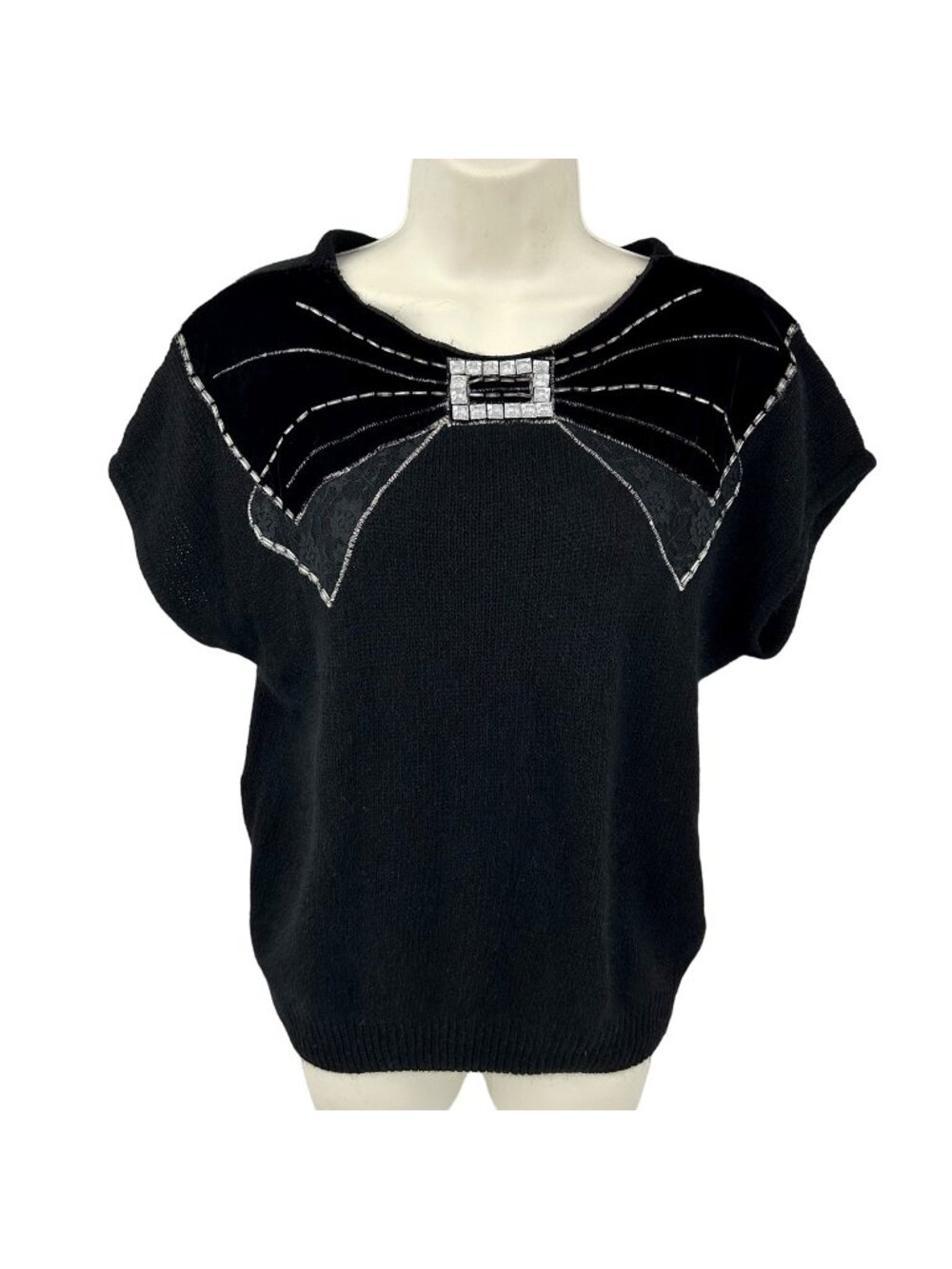 VINTAGE SML SPORT ANGORA RHINESTONE BOW DESIGN CAP SLEEVE SWEATER - M